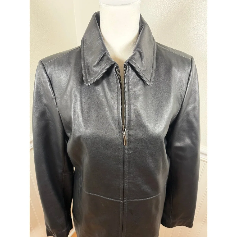 Jaclyn Smith Womens Black Leather Full Zip Collared Coat Casual Outerwear Size S
